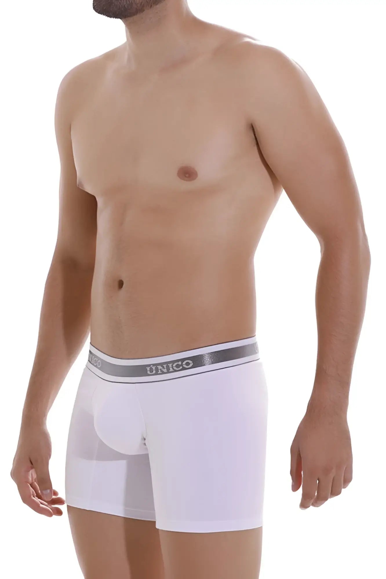 White unico lustre m22 boxer briefs with gray elastic waistband and black brand name lettering in color 00-white