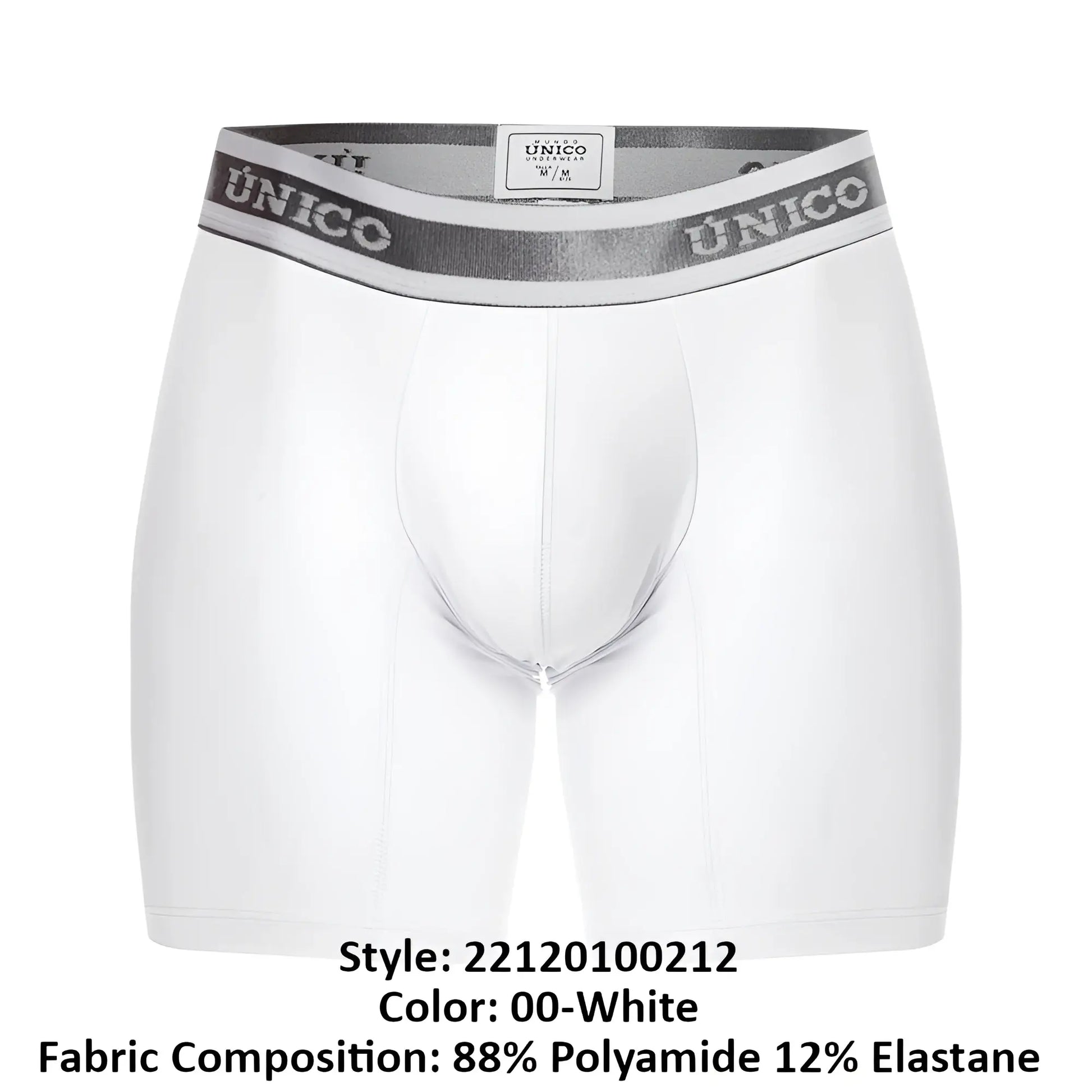 White unico men’s boxer briefs with gray and white elastic waistband featuring brand name lustre m22 color 00-white
