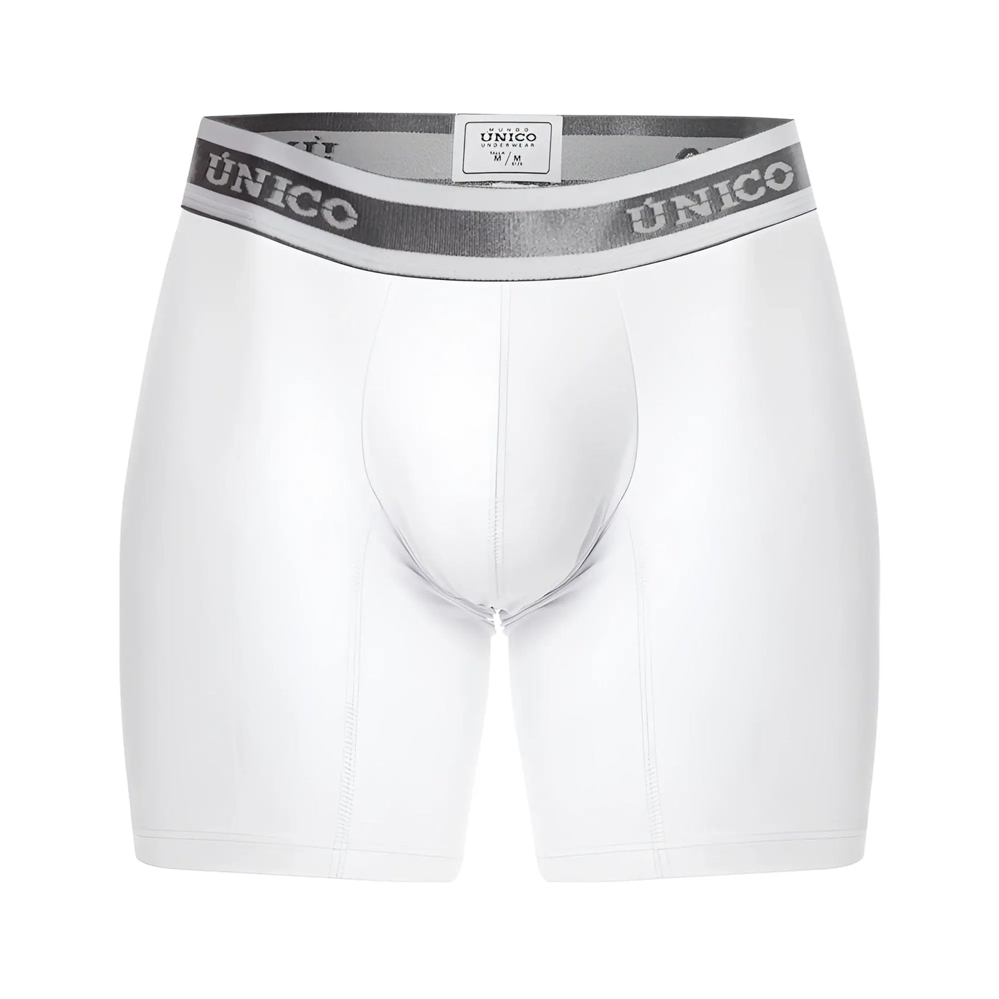 White unico men’s boxer briefs with gray elastic waistband featuring brand name in bold lettering model lustre m22