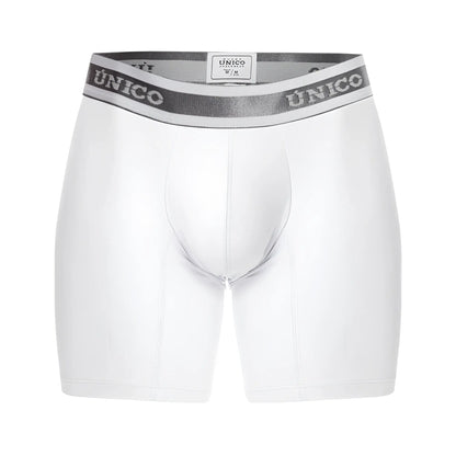 White unico men’s boxer briefs with gray elastic waistband featuring brand name in bold lettering model lustre m22