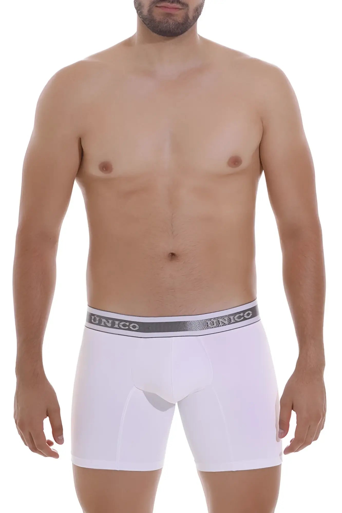 White unico mens boxer briefs lustre m22 with gray elastic waistband and black brand lettering color 00-white