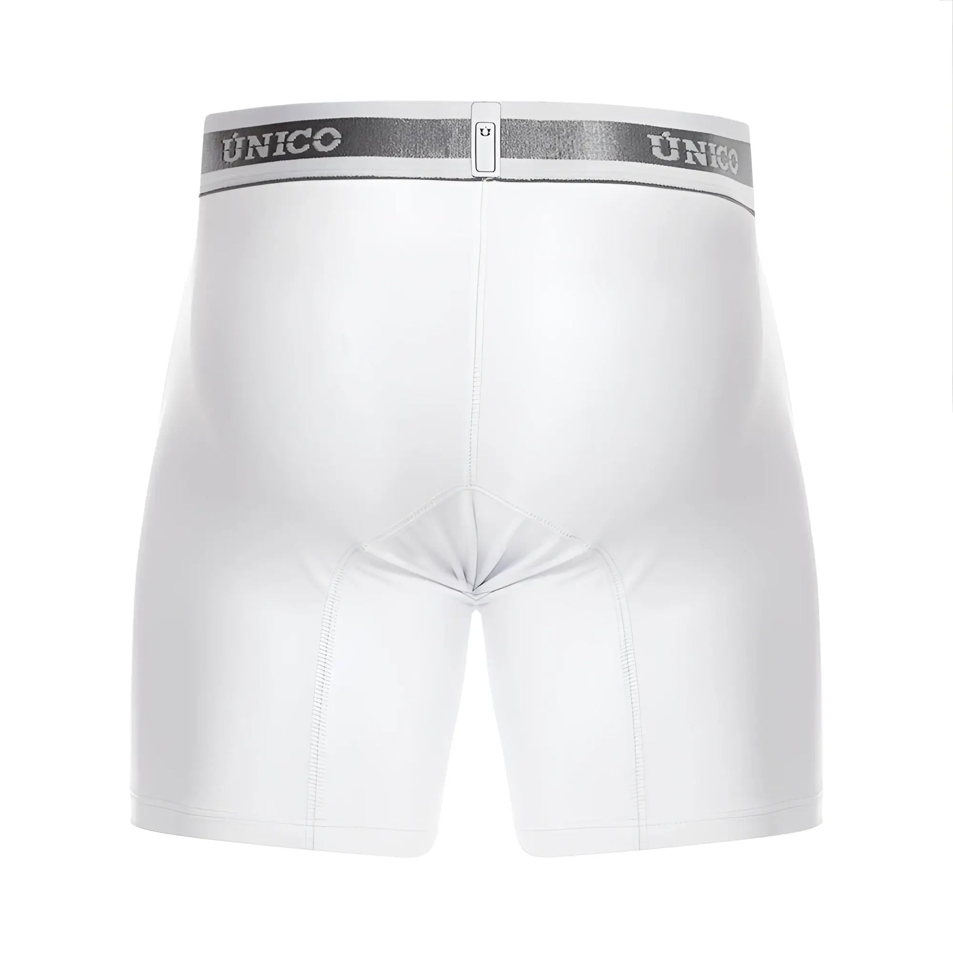 White unico lustre boxer briefs with silver elastic waistband and brand logo in color 00-white