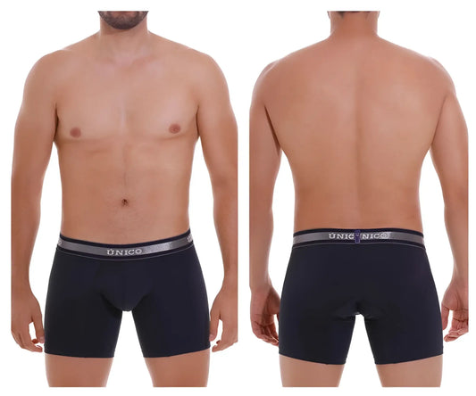 Black unico mens boxer briefs with gray elastic waistband and silver unico logo in dark blue color