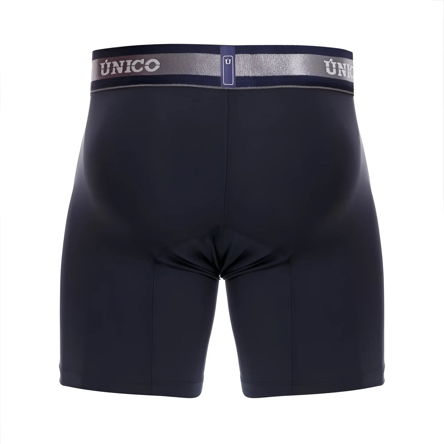 Black unico brand boxer briefs with navy waistband silver logo and trim in dark blue color modelo cardenal m22