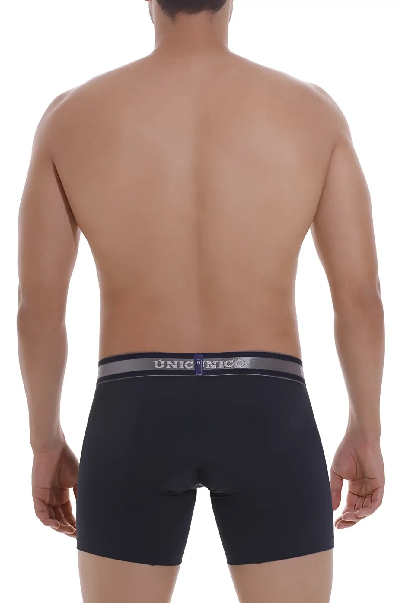 Black unico boxer briefs with gray and navy waistband featuring silver unico branding color 82 dark blue