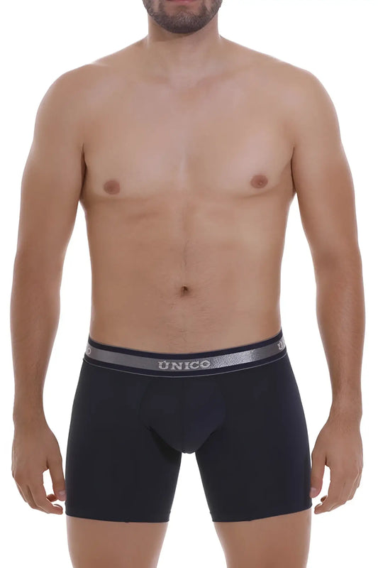 Black unico men’s boxer briefs with gray elastic waistband and white brand name lettering dark blue color