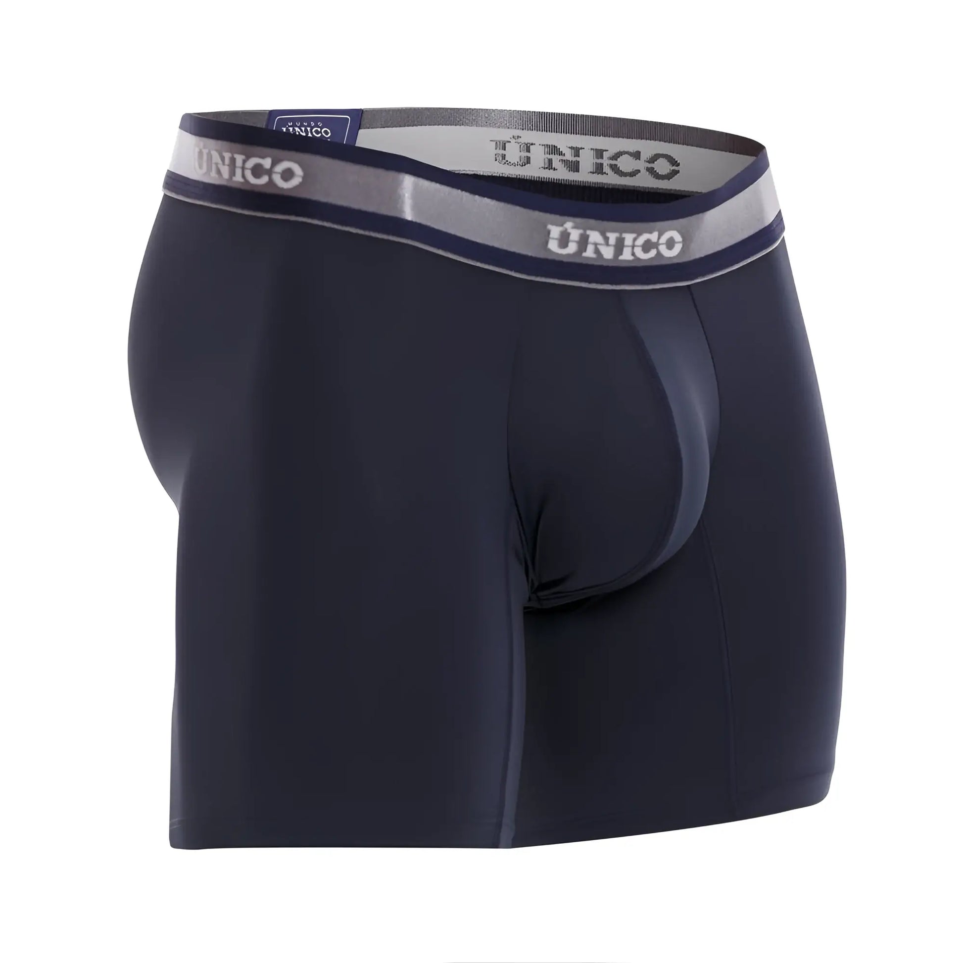 Dark navy unico men’s boxer briefs with gray and white elastic waistband featuring brand name in color 82 dark blue