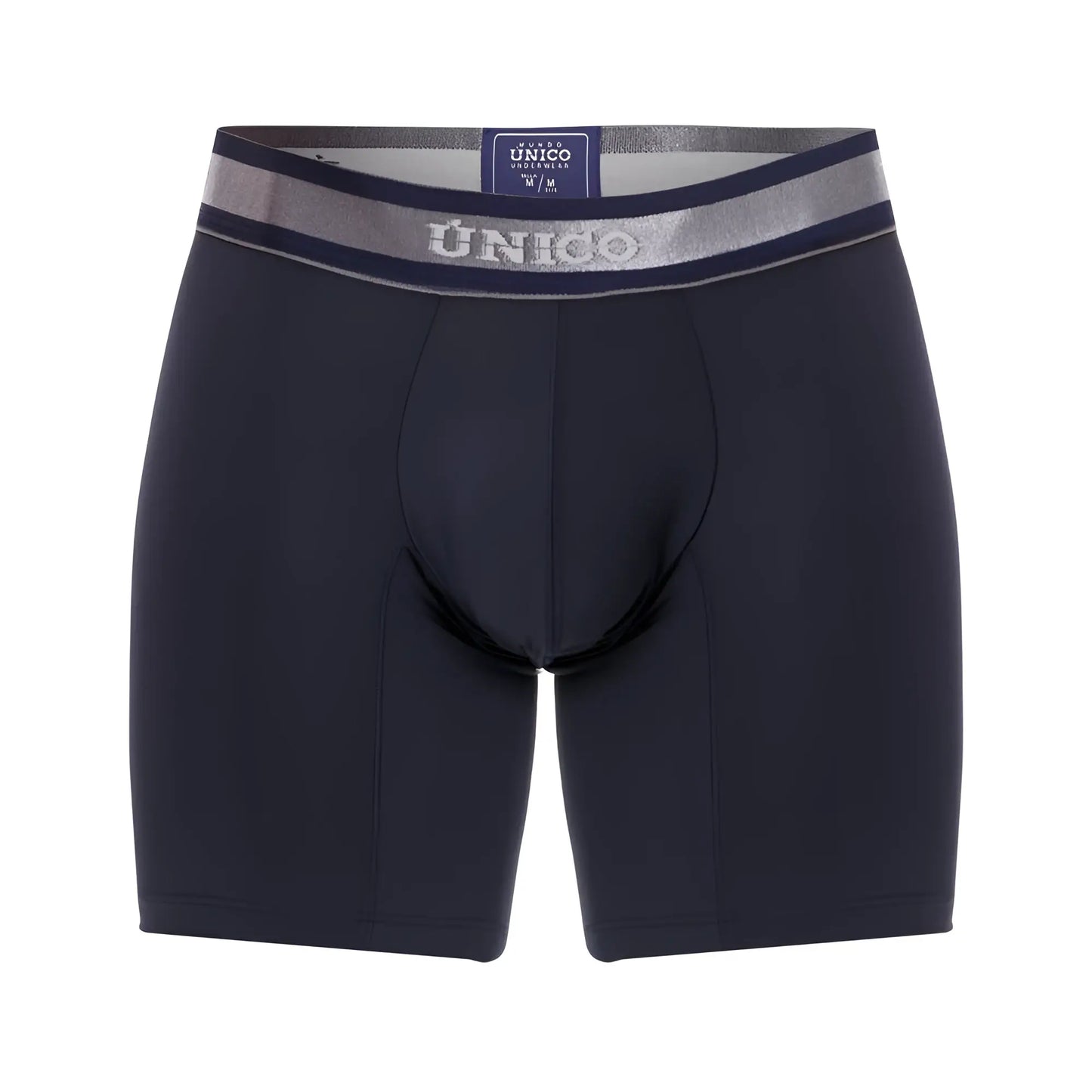 Dark navy blue unico men’s boxer briefs with silver gray elastic waistband featuring unico brand logo