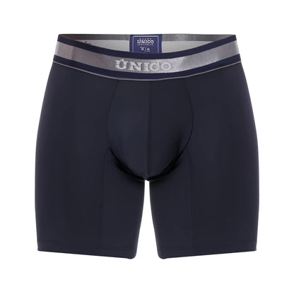 Dark navy blue unico men’s boxer briefs with silver gray elastic waistband featuring unico brand logo