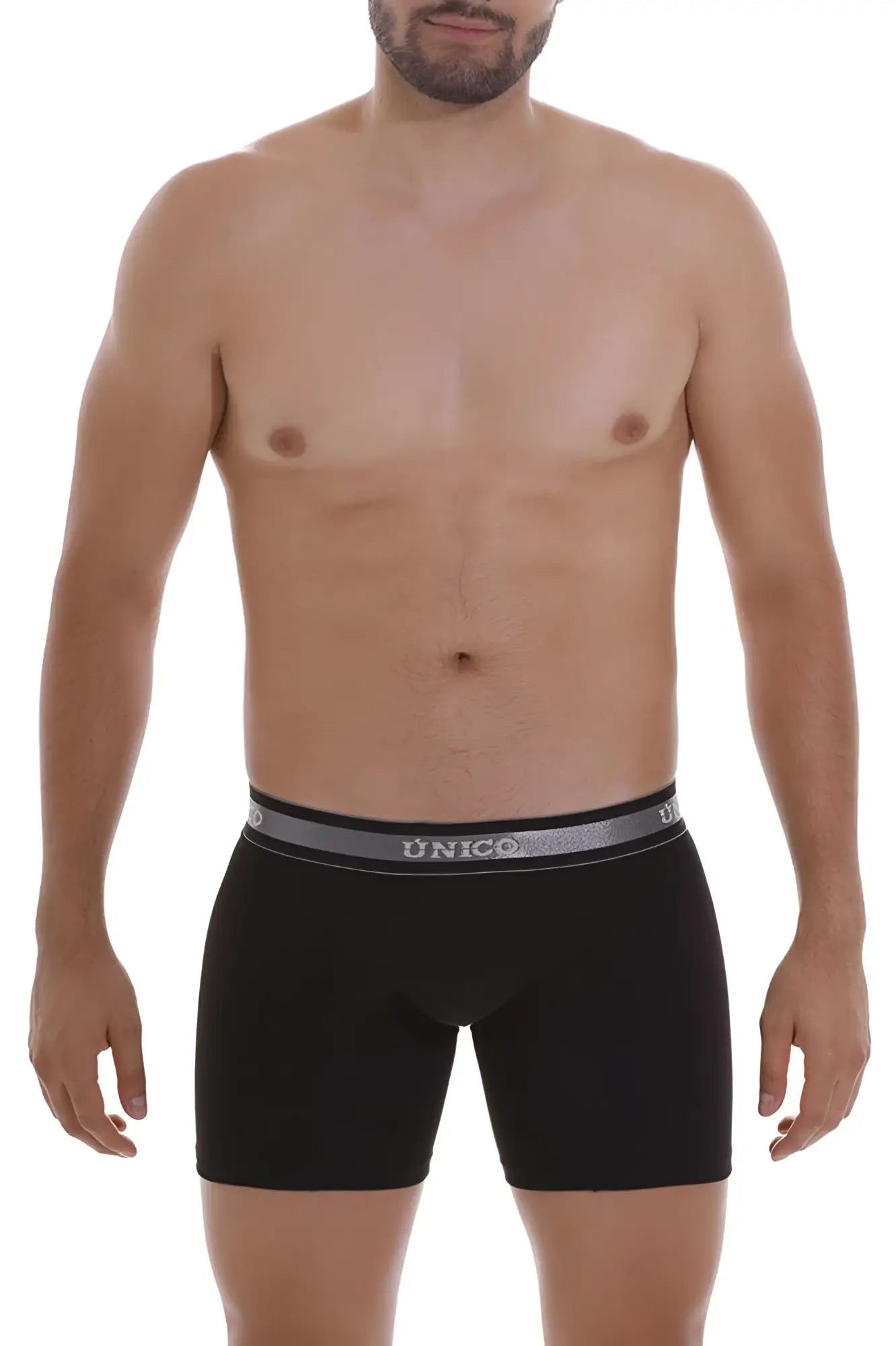 Black unico boxer briefs with gray elastic waistband featuring white brand name lettering model nebuloso m22 color 99-black