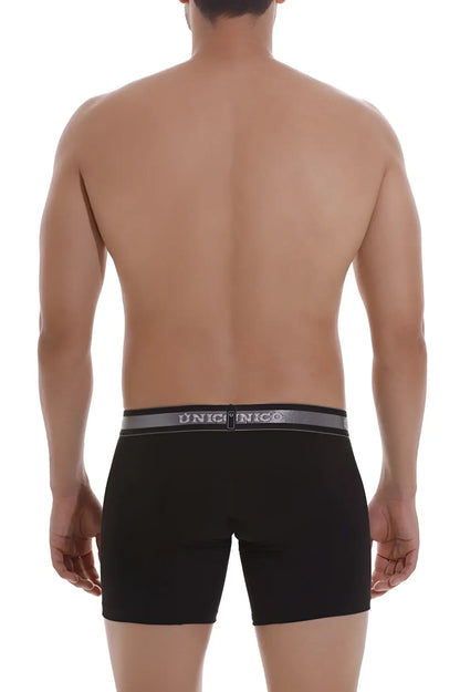 Black unico boxer briefs with gray elastic waistband featuring unico brand name in white lettering color 99 black