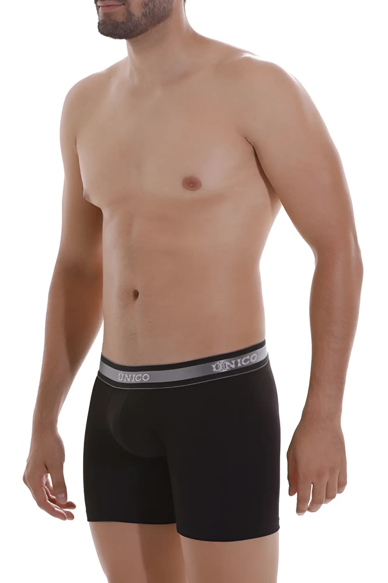 Black unico boxer briefs with gray elastic waistband and white unico branding suitable for everyday wear