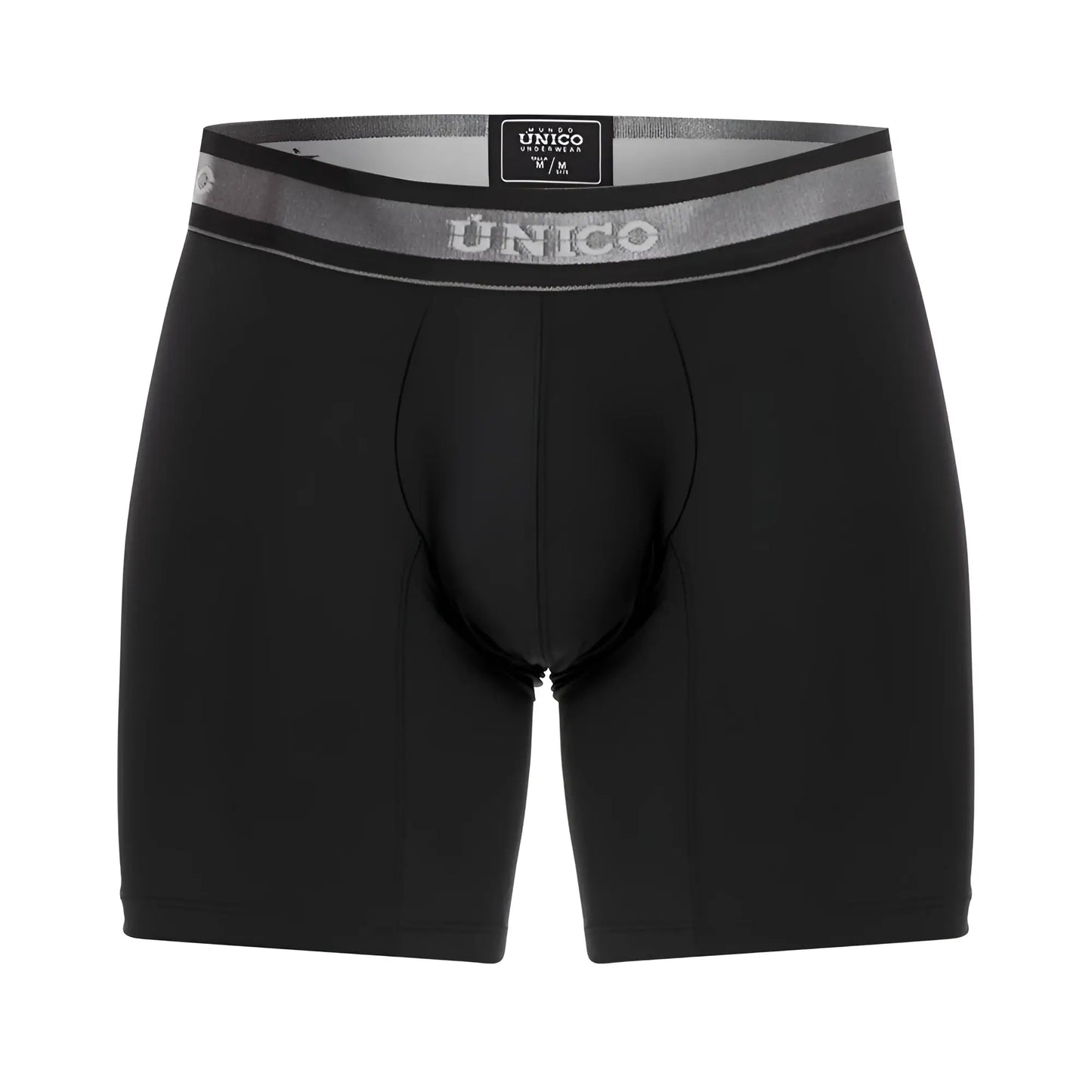 Black unico men’s boxer briefs with gray waistband featuring brand logo and size tag in color 99 black