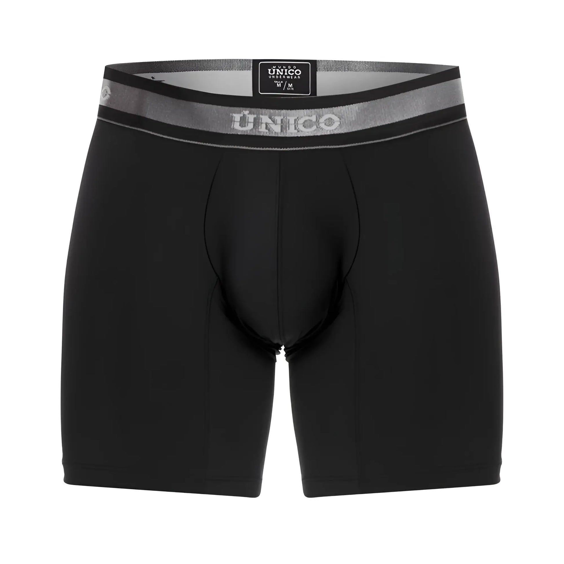 Black unico men’s boxer briefs with gray waistband featuring brand logo and size tag in color 99 black