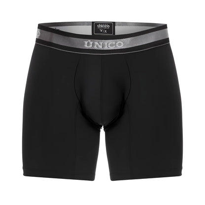 Black unico men’s boxer briefs with gray waistband featuring brand logo and size tag in color 99 black