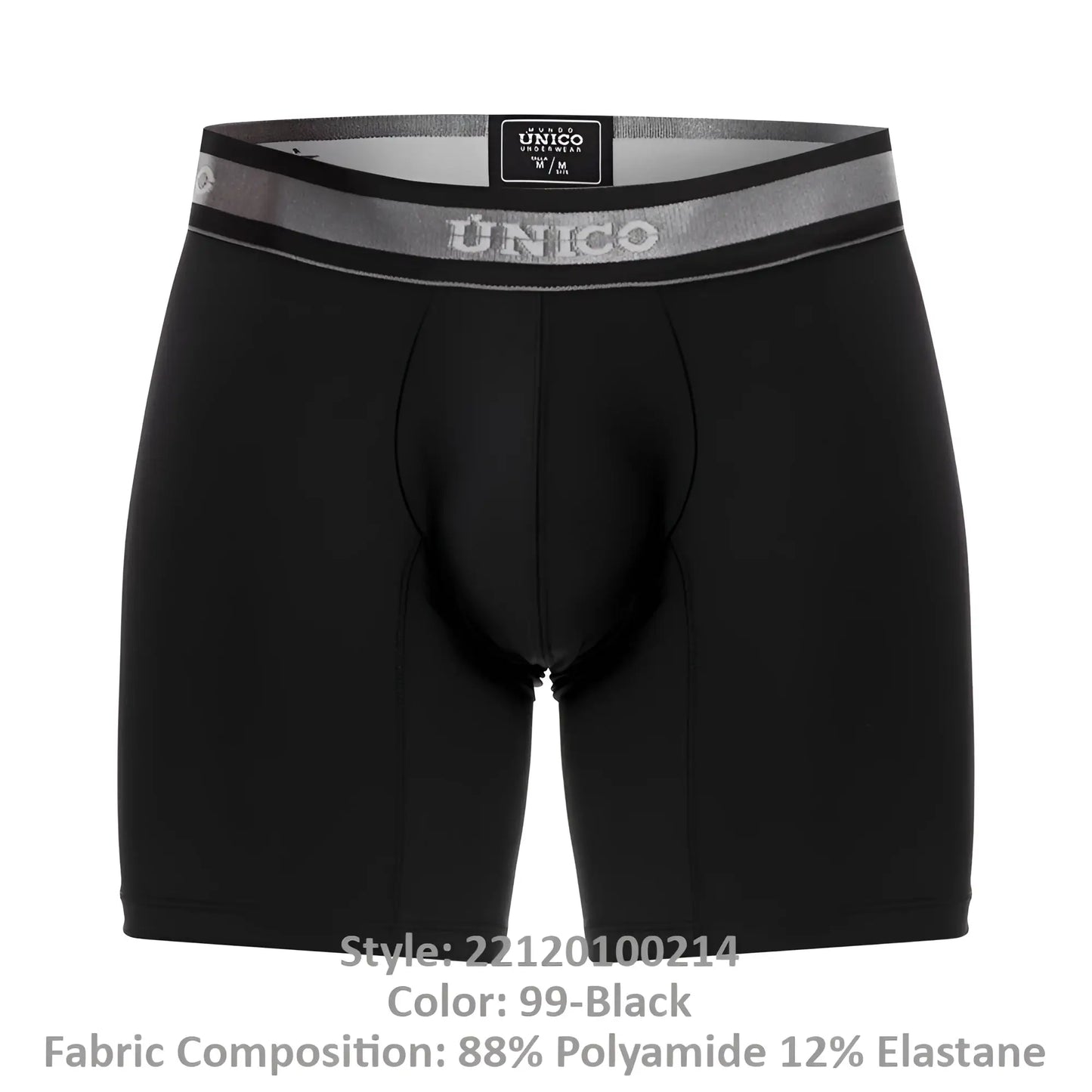 Black unico men’s boxer briefs with gray elastic waistband featuring brand logo and size label color 99 black