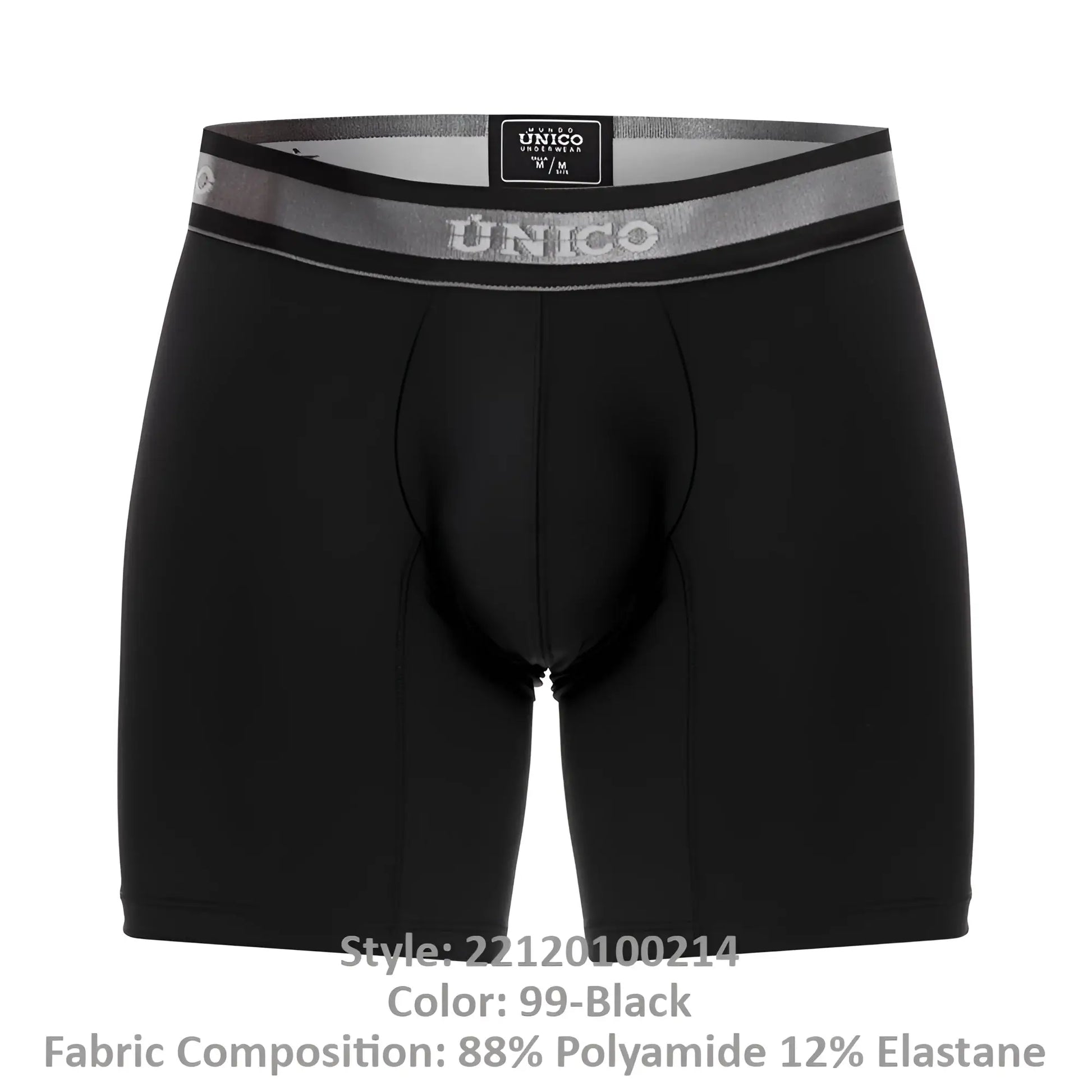 Black unico men’s boxer briefs with gray elastic waistband featuring brand logo and size label color 99 black