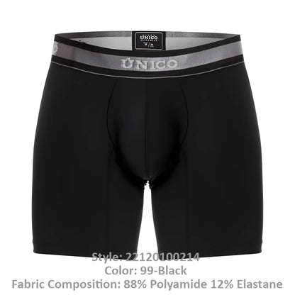 Black unico men’s boxer briefs with gray elastic waistband featuring brand logo and size label color 99 black