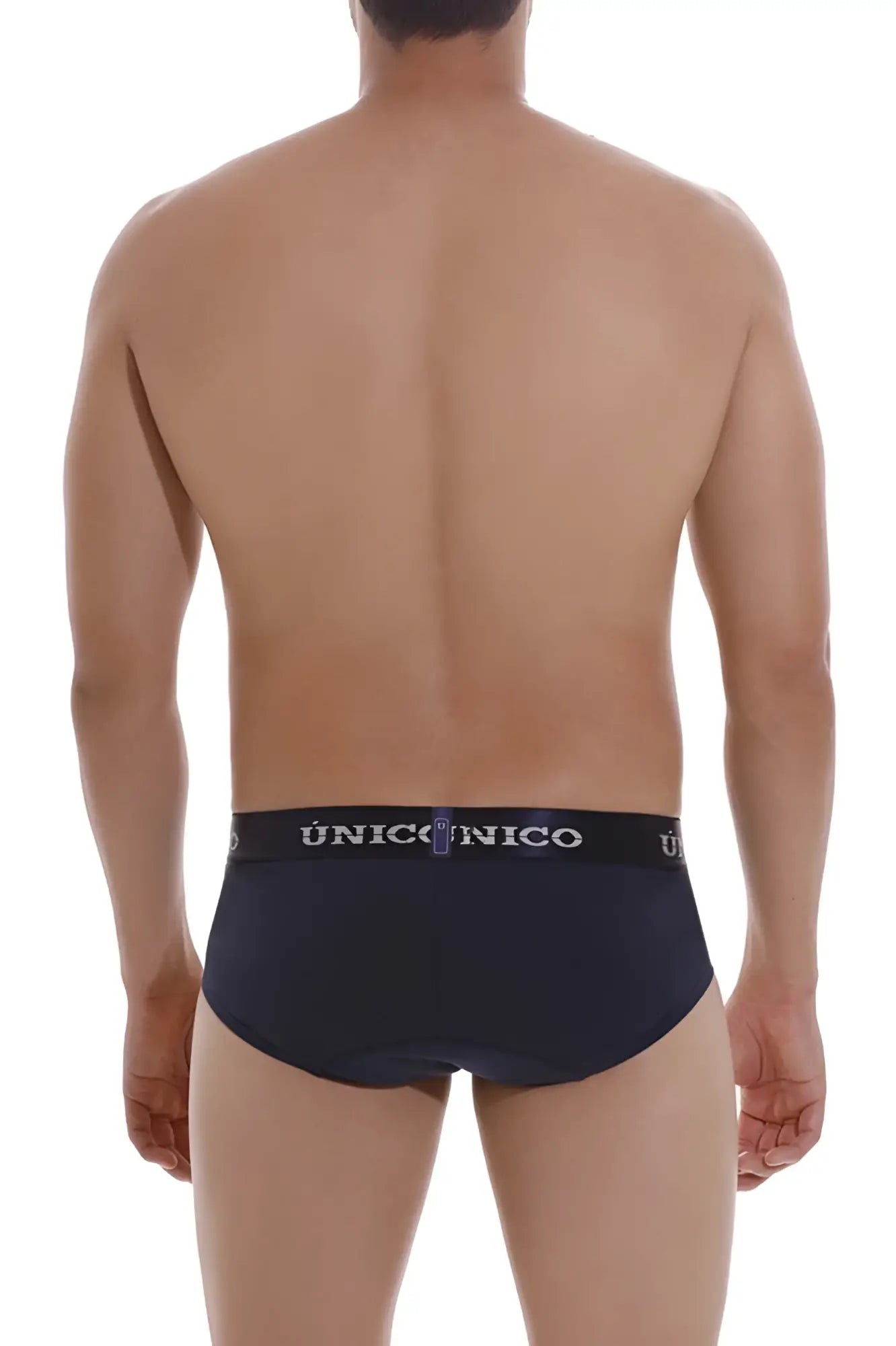 Black unico men’s briefs with a white logo band in dark blue for comfortable everyday wear
