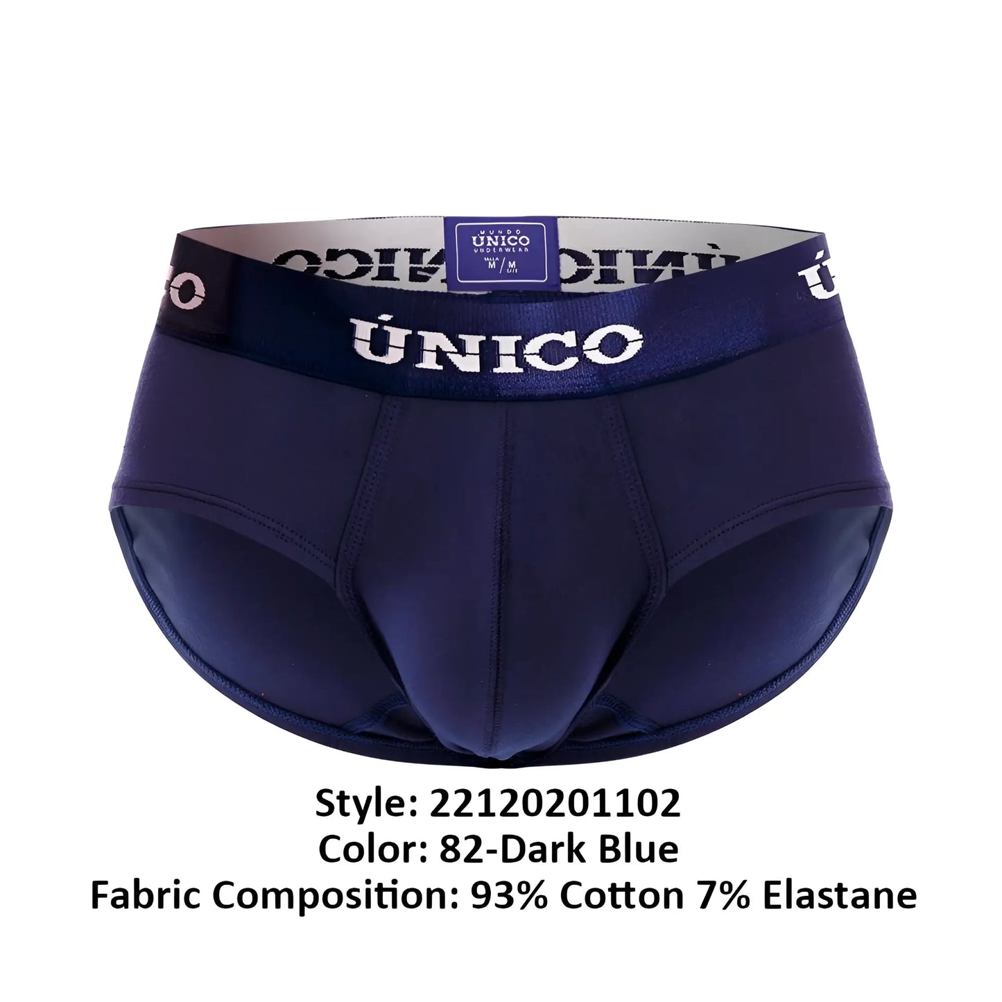 Dark blue unico 22120201102 Profundo A22 men’s briefs with satin waistband and white brand lettering