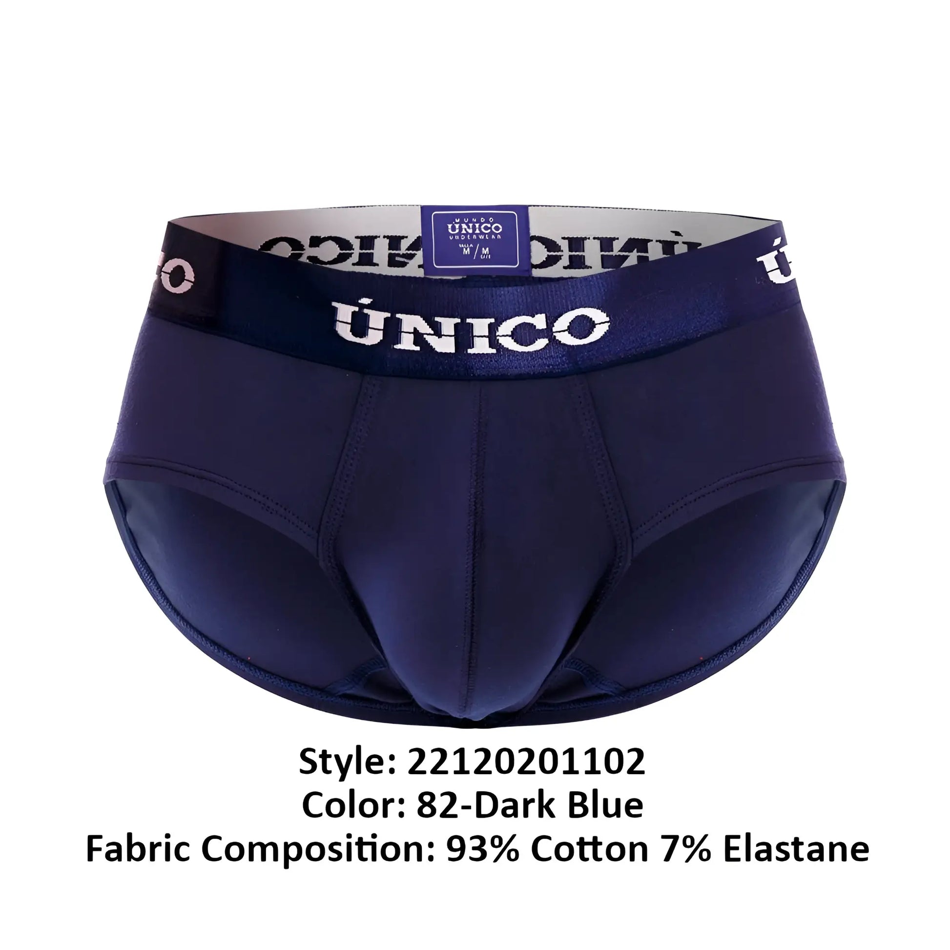 Dark blue unico 22120201102 Profundo A22 men’s briefs with satin waistband and white brand lettering