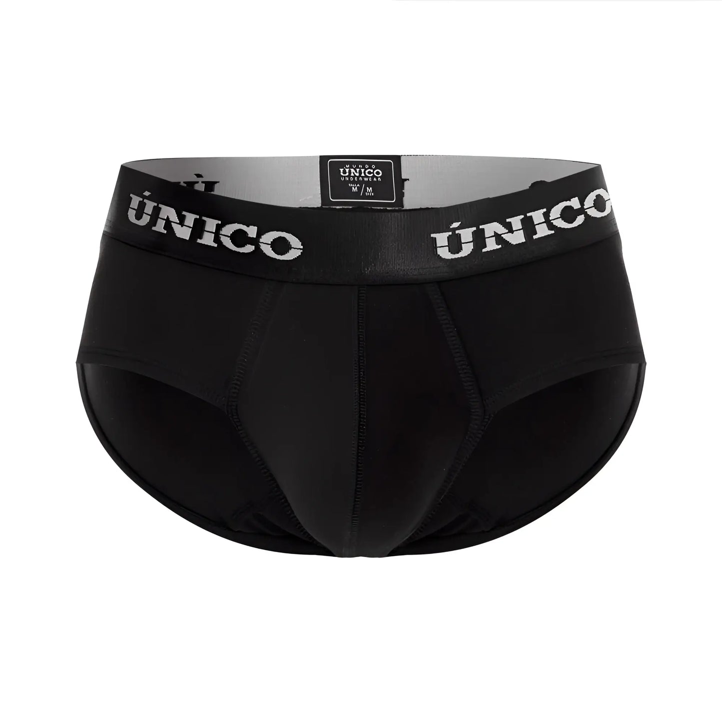 Black unico men’s briefs intenso a22 with white unico waistband branding in color 99-black front view