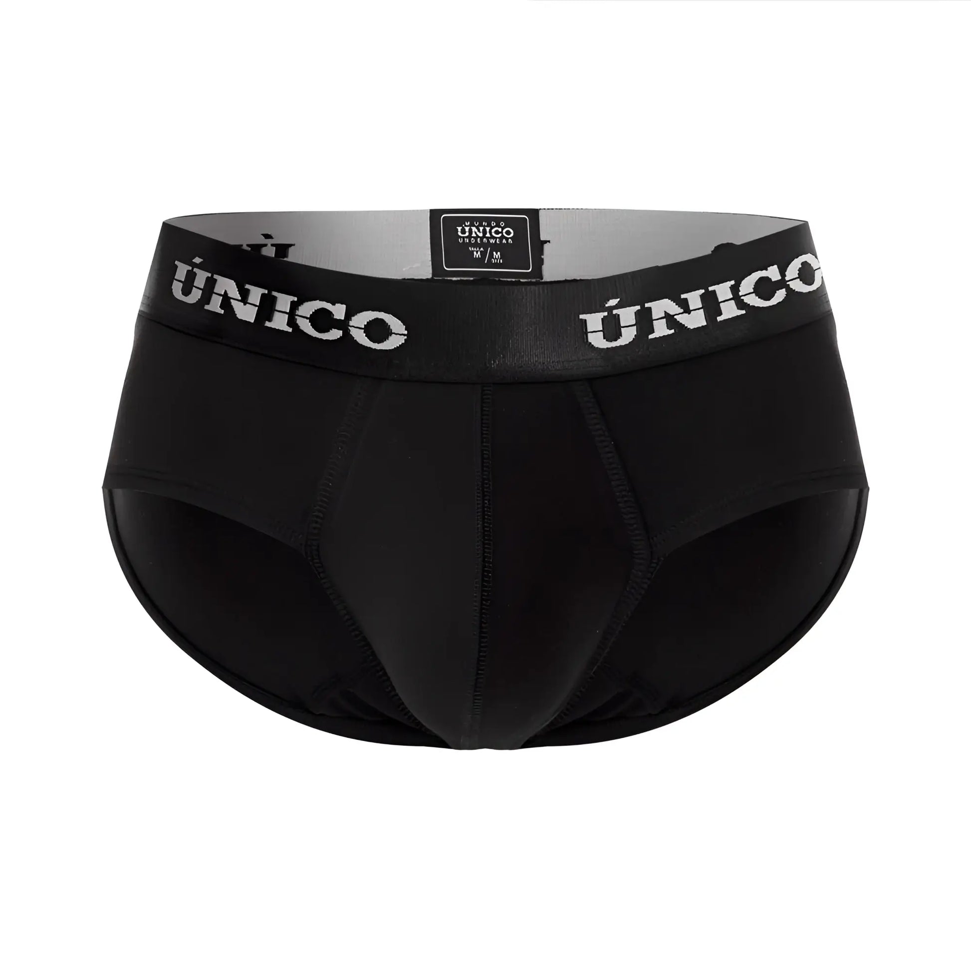 Black unico men’s briefs intenso a22 with white unico waistband branding in color 99-black front view