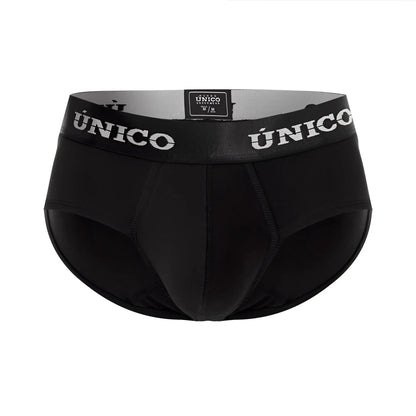 Black unico men’s briefs intenso a22 with white unico waistband branding in color 99-black front view