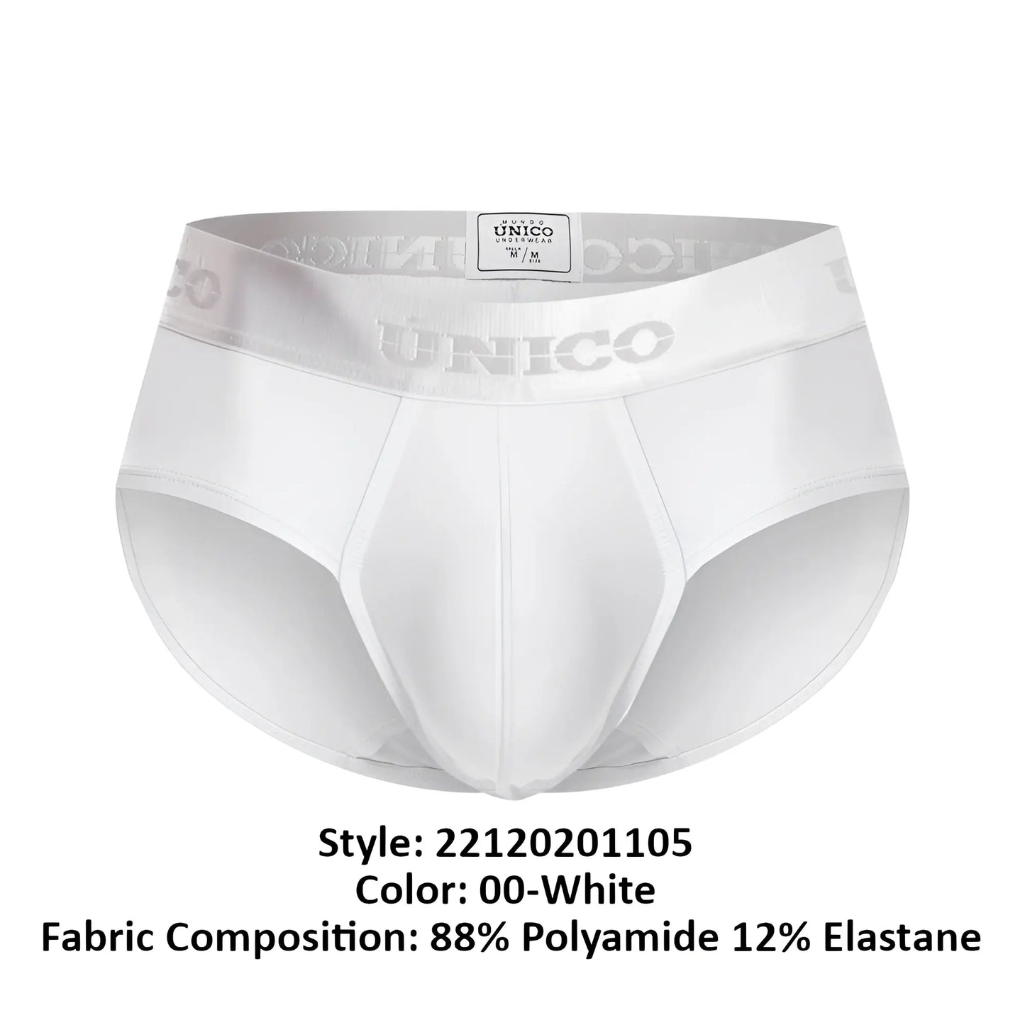 White unico men’s briefs made of 88% polyamide 12% elastane with sleek design and embossed brand name on waistband