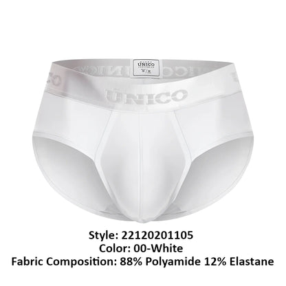 White unico men’s briefs made of 88% polyamide 12% elastane with sleek design and embossed brand name on waistband