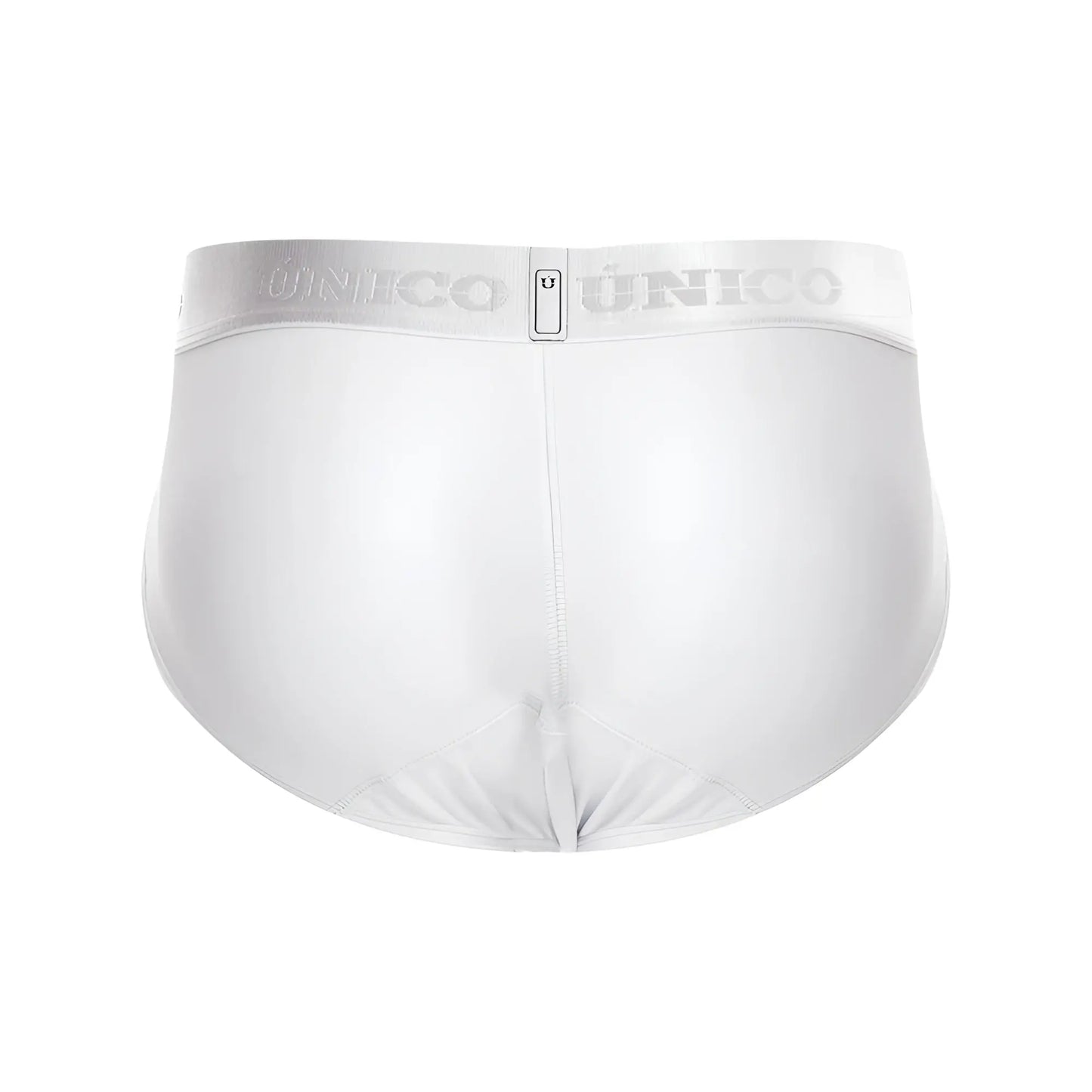 White unico men’s briefs with silver elastic waistband featuring unico logo for comfortable daily wear