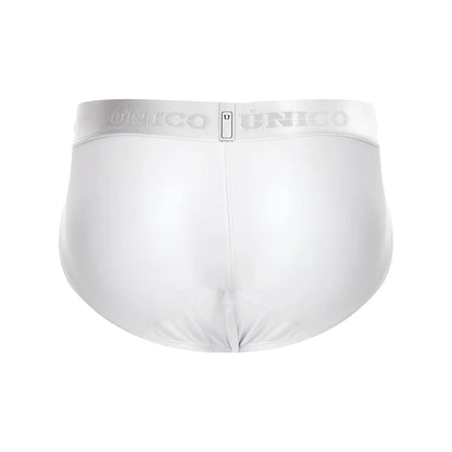 White unico men’s briefs with silver elastic waistband featuring unico logo for comfortable daily wear