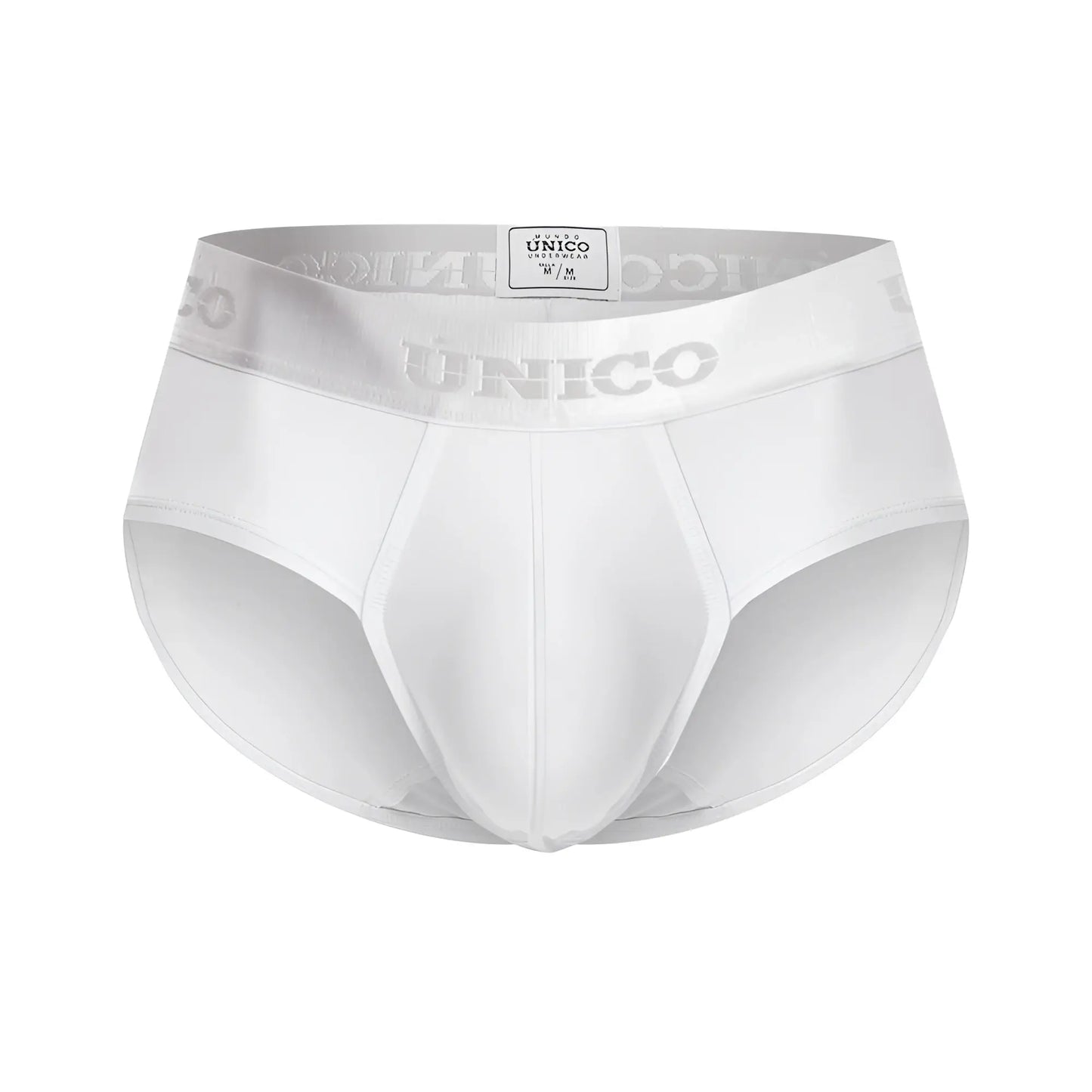 White unico cristalino m22 briefs with a silver logo band and smooth form-fitting fabric in color 00-white