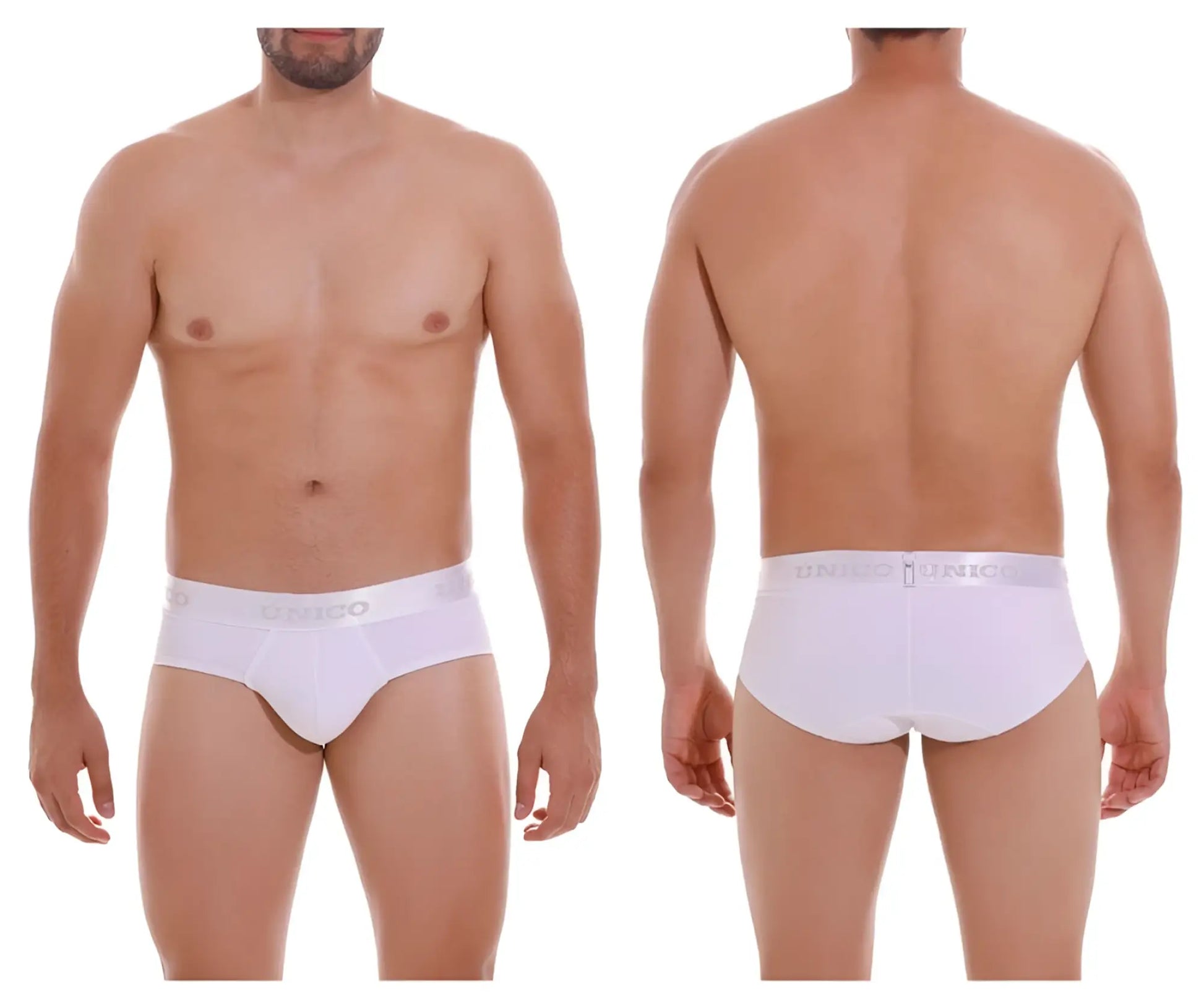 White unico 22120201105 cristalino m22 briefs with subtle elastic waistband and gray unico branding in white