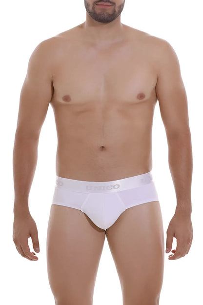 White men’s briefs with a subtle gray unico logo band in cristalino fabric color 00 White for everyday comfort