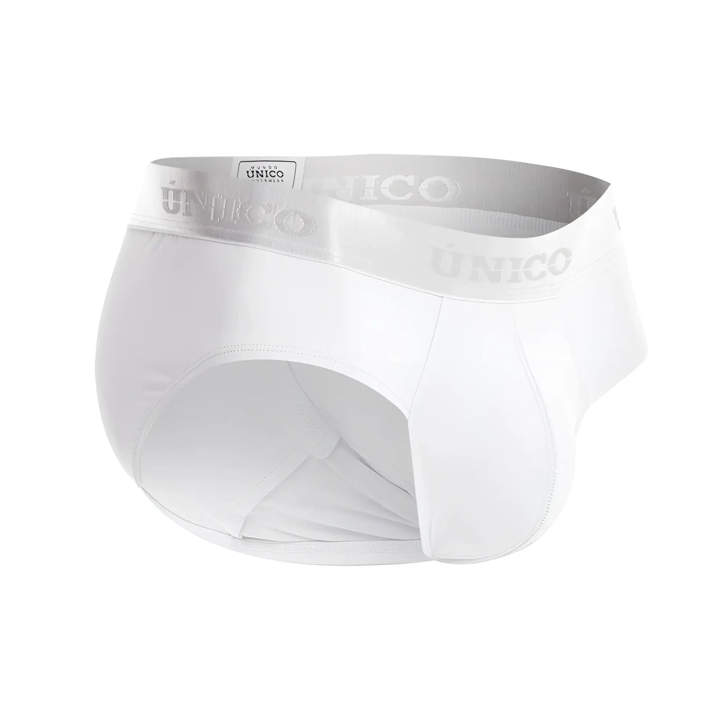 White unico men’s briefs with a subtle gray waistband featuring the brand name in cristalino m22 style