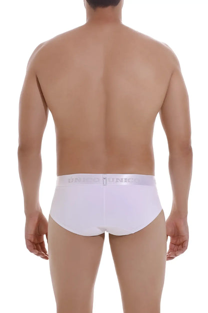 White unico cristallino m22 briefs with a subtle gray logo band in a soft fabric for comfortable wear