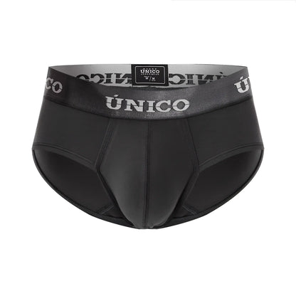 Black unico men’s briefs with gray waistband featuring unico branding in white color 96-dark gray material