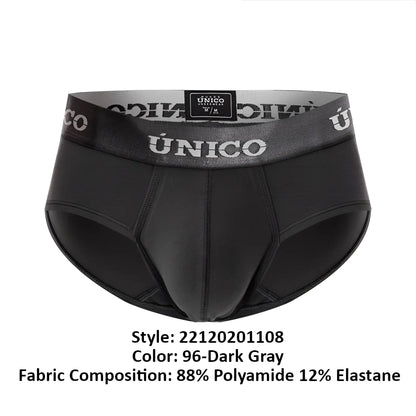 Black unico men’s briefs with gray waistband branded with unico in white lettering color 96-dark gray