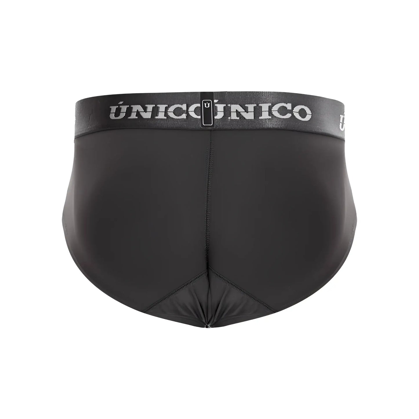 Black unicóúnico men’s briefs with textured waistband and white brand logo in dark gray color material