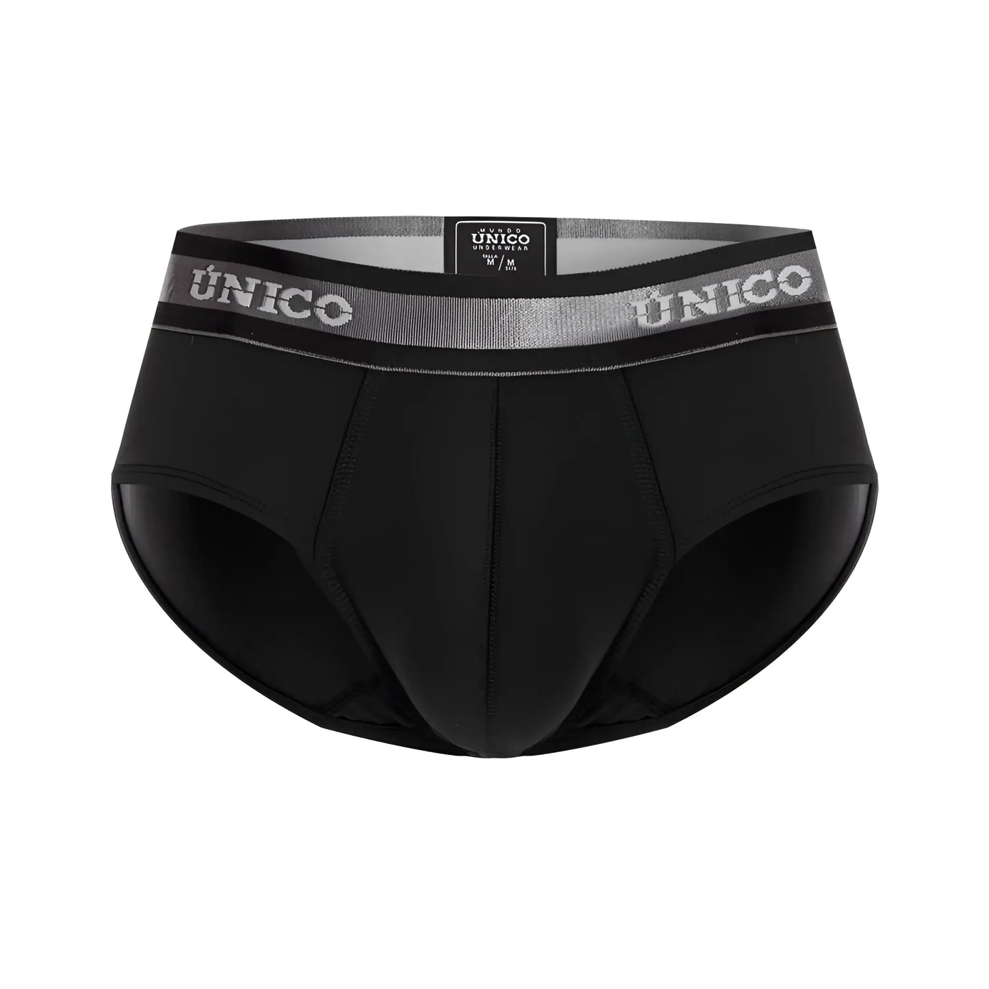 Black unico men’s briefs with gray elastic waistband and white unico branding for comfortable everyday wear