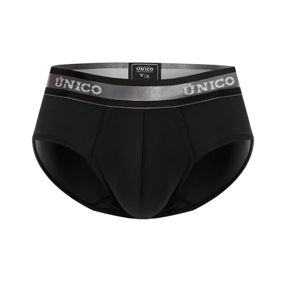 Black unico men’s briefs with gray elastic waistband and white unico branding for comfortable everyday wear