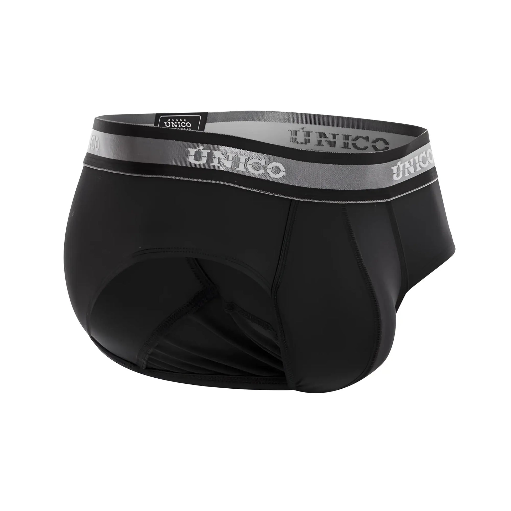 Black unico men’s briefs with gray elastic waistband featuring unico brand name in white lettering color 99-black