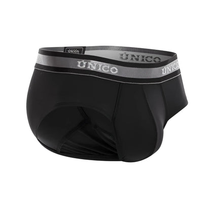 Black unico men’s briefs with gray elastic waistband featuring unico brand name in white lettering color 99-black