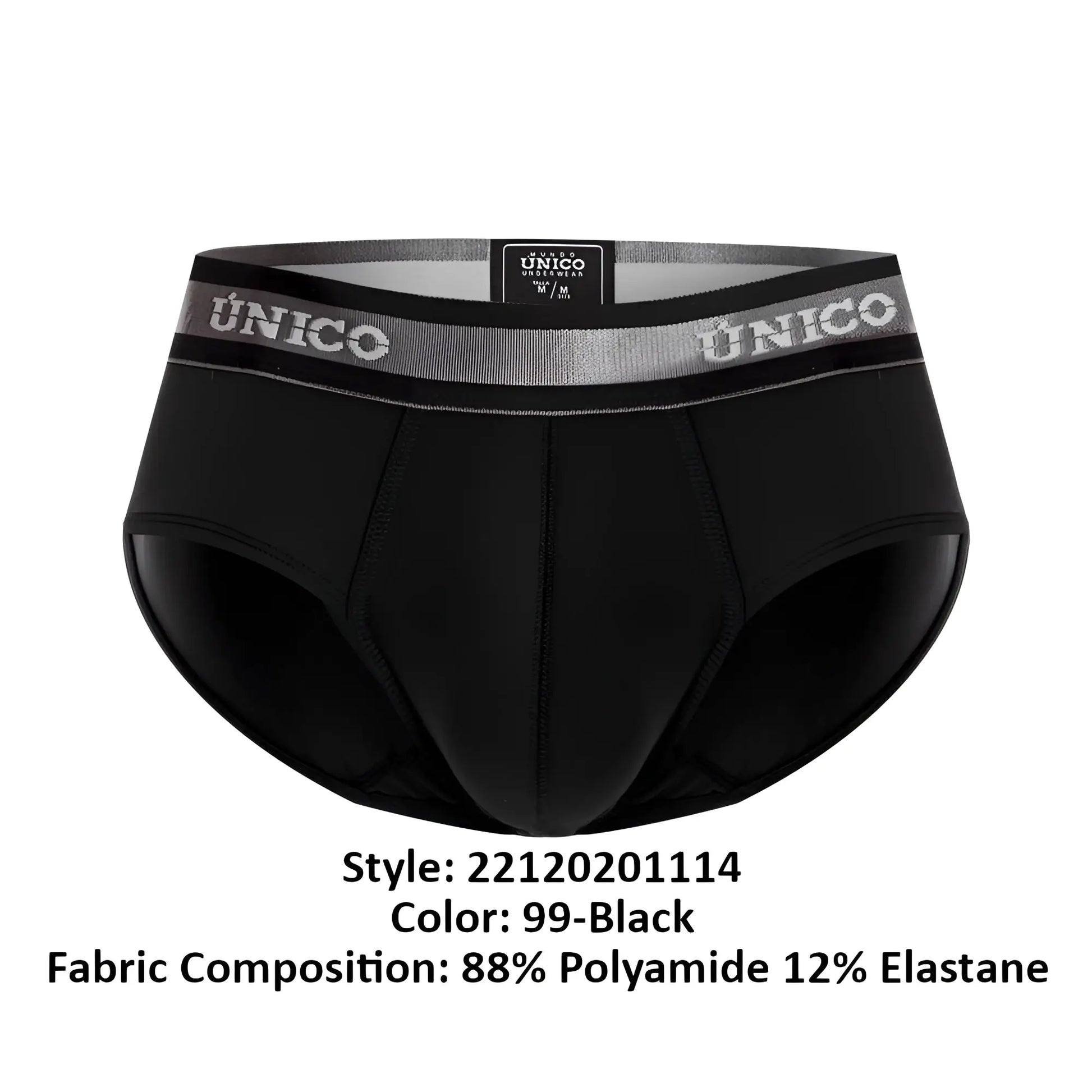 Black unico men’s briefs with gray elastic waistband featuring unico brand name in white letters