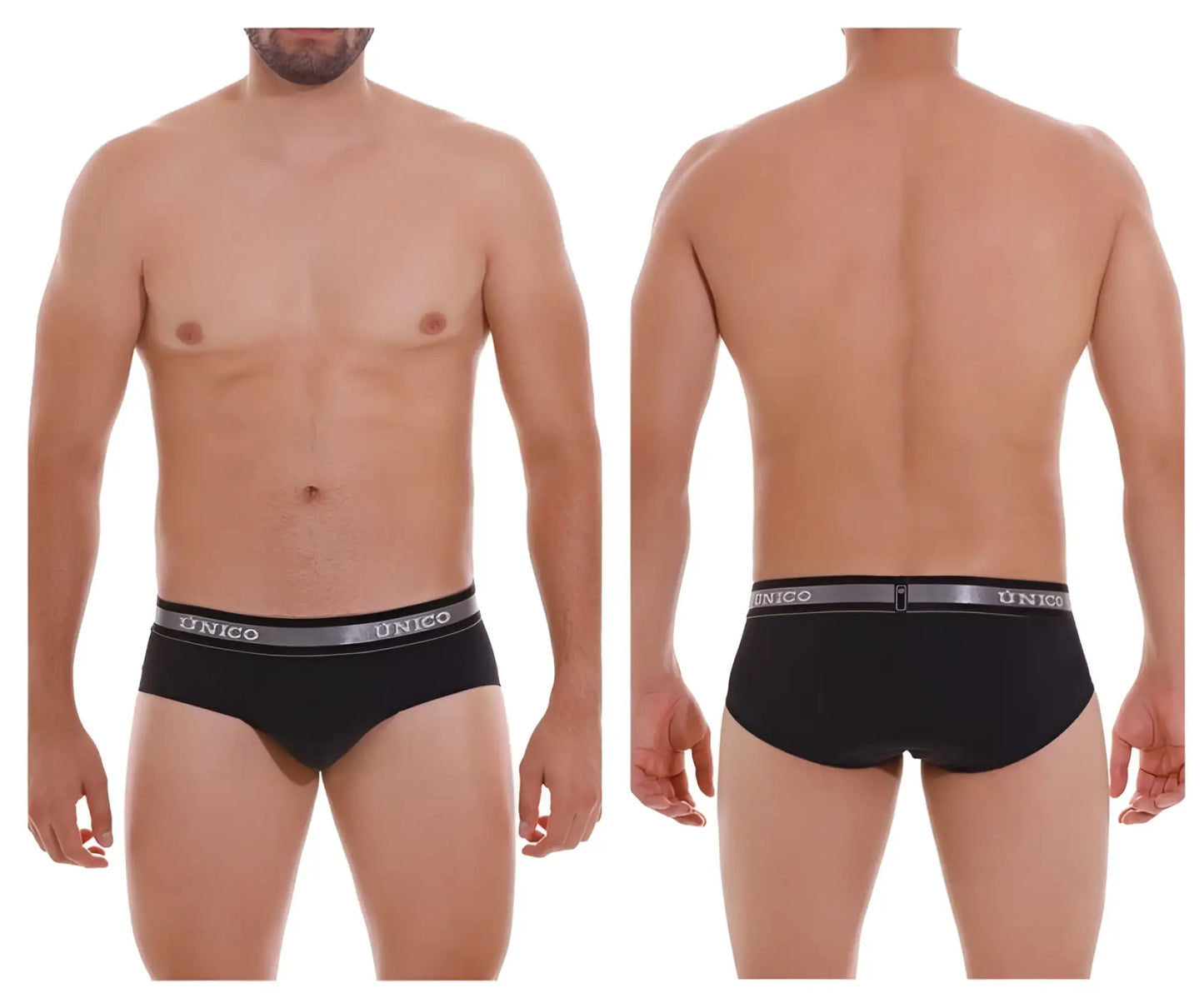 Black unico men’s briefs with gray elastic waistband featuring white unico brand name in color 99-black