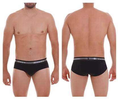 Black unico men’s briefs with gray elastic waistband featuring white unico brand name in color 99-black