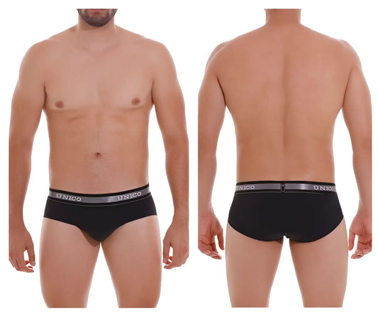 Black unico men’s briefs with gray elastic waistband featuring white unico brand name in color 99-black