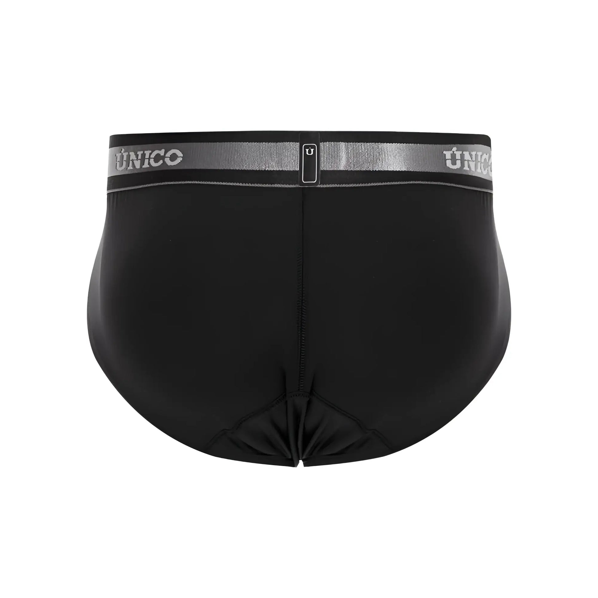 Black unico men’s briefs with silver elastic waistband featuring brand logo and small rectangular tag color 99-black