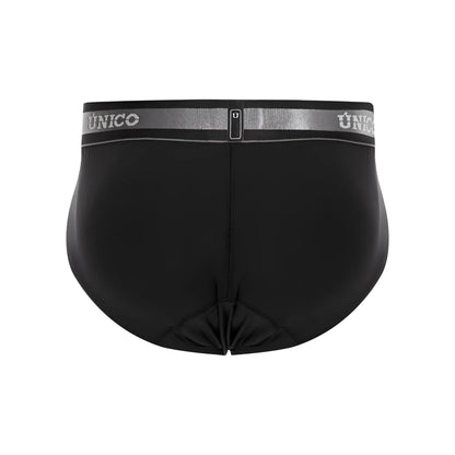 Black unico men’s briefs with silver elastic waistband featuring brand logo and small rectangular tag color 99-black